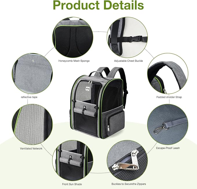 Lekebobor Large Cat Backpack Carrier Expandable Pet Carrier Backpack for Small Dogs Medium Cats Fit Up to 18 Lbs,Dogs Foldable Puppy Backpack Carrier for Travel, Hiking,Grey with Green Edge,L