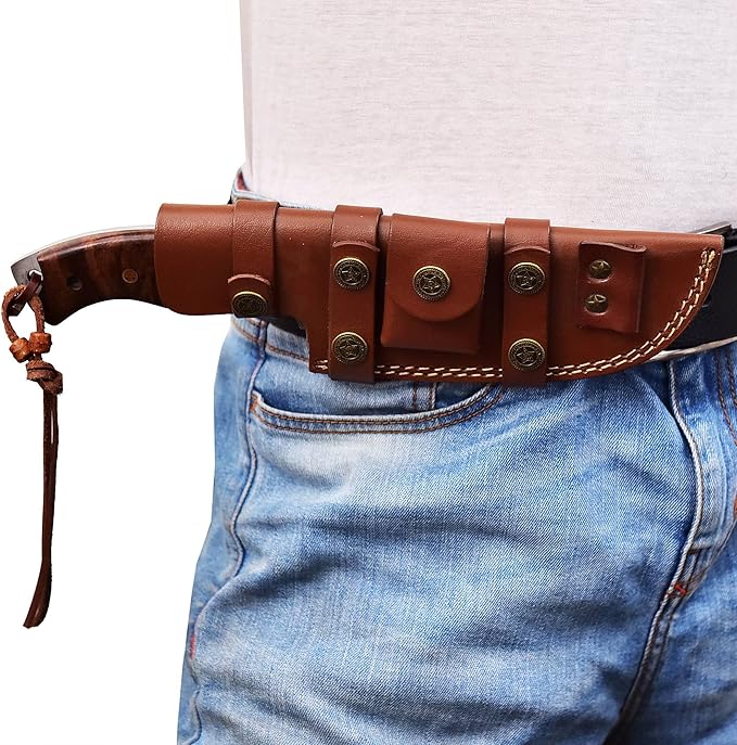 Dessi Tracker Knife: Hand-Forged Damascus Steel Blade - Perfect for Hunting, Camping, Tactical & Survival Use - With Horizontal Carry-Back Leather Sheath for Men SM71