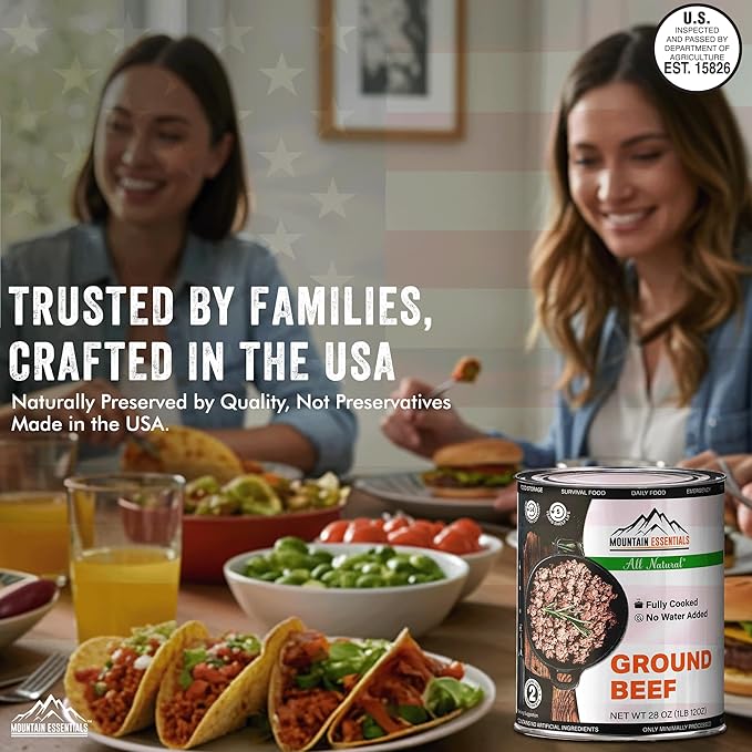 MOUNTAIN ESSENTIALS All Natural Canned Ground Beef 28 Oz – Fully Cooked, Ready to Eat Hamburger Meat – Pantry Staple for Everyday Meals, Emergency & Survival – 5-Year Shelf Life – Made in USA – 1 Pack