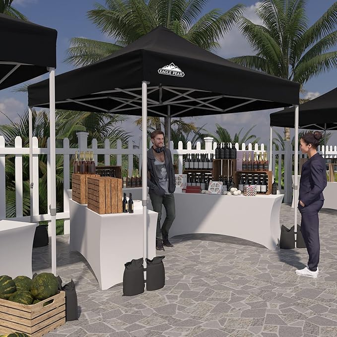 EAGLE PEAK 10x10 Heavy Duty Pop up Commercial Canopy Tent, Instant Marketplace Sun Shelter with Roller Bag and 4 Sandbags, Black