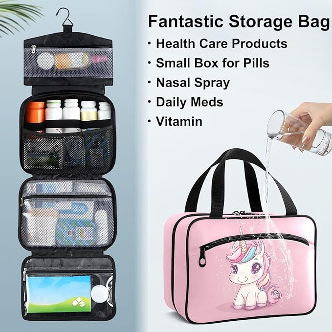 Fustylead Cute Cartoon Pink Unicorn Large Medicine Bag Travel Pill Bottle Organizer with Zipper, Empty First Aid Bag for Camping Hiking Outdoors