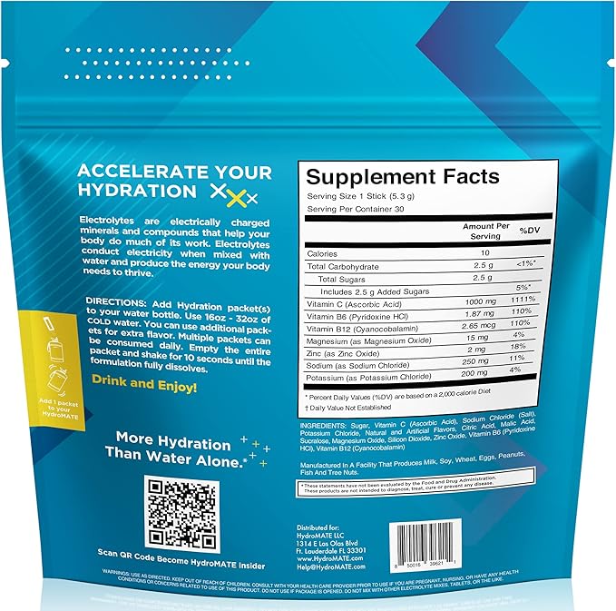 HydroMATE Electrolyte Powder Lemon Lime Hydration Packets Low Sugar 30 Count