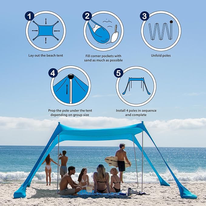 AMMSUN Beach Tent Portable Sun Shelter,9X 9ft Beach Canopy Easy Setup, 9'x9'Lycra Sun Shelter with UPF50+ Protection 4 Sand Bags & 4 Aluminum Poles for Family at The Beach, Camping & Outdoor