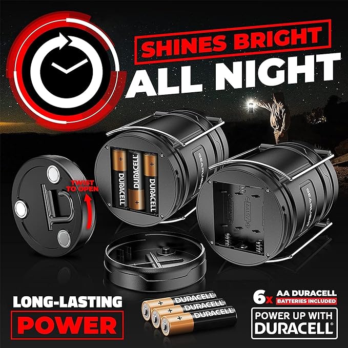 GearLight Camping Lantern - 2 Portable LED Battery Powered Lantern with Magnetic Base and Foldable Hook for Emergency Use or Campsites, Essential Hurricane Survival Kit with Batteries