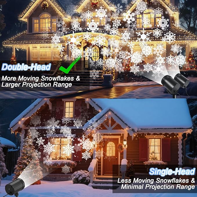 Snowflake Projector Christmas Lights Outdoor, Timer Double Head Projector Snowflake Light Waterproof, LED Rotating Snowfall Lamp for Holiday Party Yard Garden Indoor Christmas Decoration