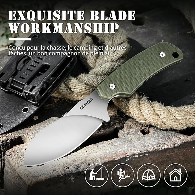 Omesio Hunting Knife with Kydex Sheath, 8.86" Full Tang Fixed Blade Non-Slip G10 Handle, Nessmuk D2 Steel Survival Camping Outdoor Knife, Perfect Gifts for Men
