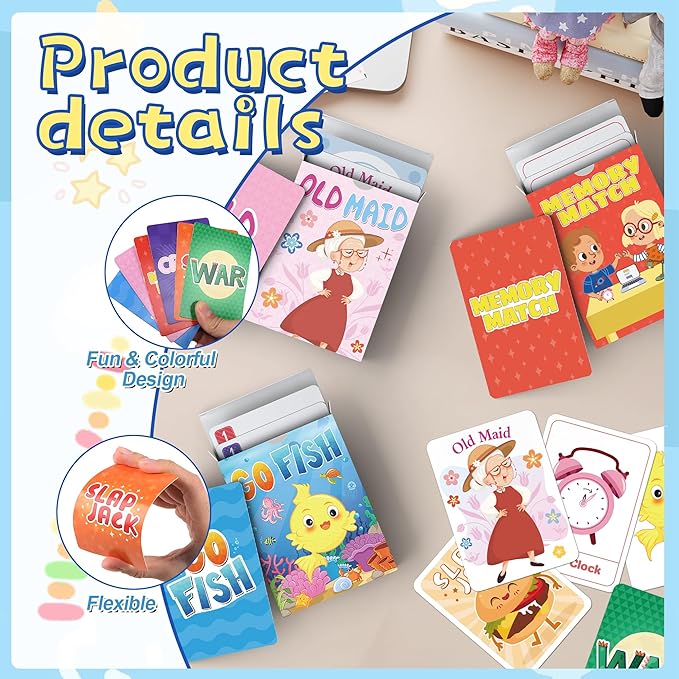 Kids Card Games, Go Fish,Old Maid,Crazy 8s,Memory Match,Slap Jack,War, Cards Game for Kids 4-8, Fun Game for Family Game Night Party Table Games, Easter Basket Stocking Stuffers Gifts, 6 Decks