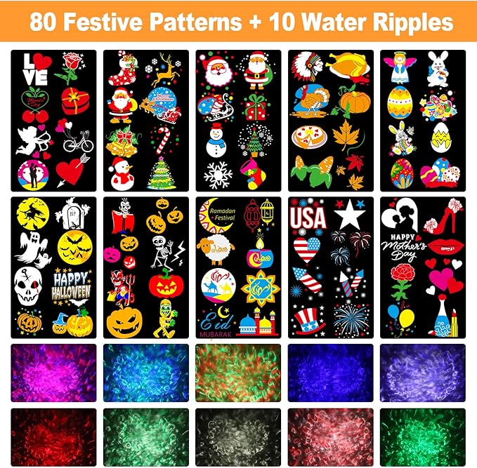 2025 Upgraded Brighter Halloween Decorations Projector Lights for Home, Display 8 Patterns at A Time (Ocean Wave & Patterns), 8 Themes Holiday Projector Christmas’ Day House Decoration Light Show
