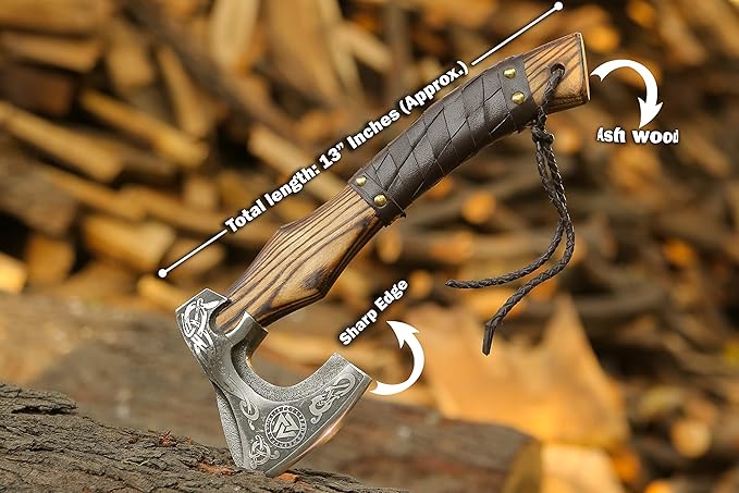 13??Inch Hand-Forged Viking Axe- Ash Wood Handle Hatchets and Axes with Leather Wrap, Wood Splitting Axe, Camping Axe, Throwing Axes and Tomahawks - Gift for Him (Valknut)