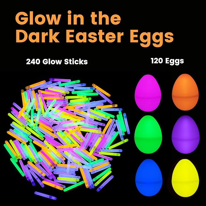 POPGIFTU 120 Easter Eggs with 240 Mini Glow Sticks, Glow-in-the-Dark Easter Eggs Bulk for Kids, Easter Basket Fillers & Party Favors, Egg Hunt Prizes & Classroom Decorations
