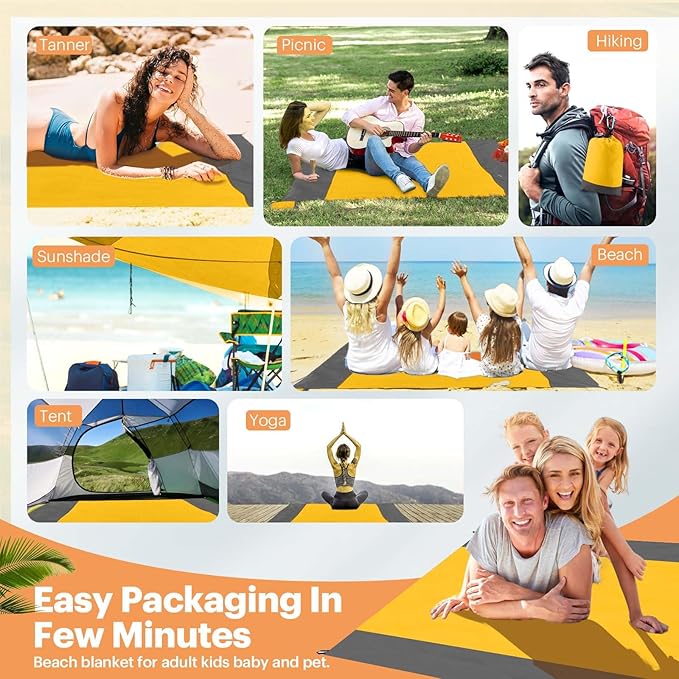 EASYFUN Beach Blanket Sandproof Oversized, 79''×83'' Extra Large Beach Mat, Portable Picnic Mat for Travel Camping Hiking, Lightweight Beach Essentials Family Water Resistant Mat Nylon 210T