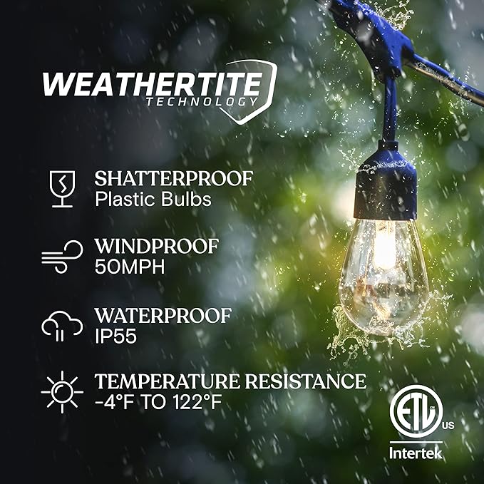 Brightech Ambience Pro Solar Powered Outdoor Patio String Lights - Commercial Grade 27 Ft Waterproof with 12 Edison Bulbs , Shatterproof LED - 2W , Soft White