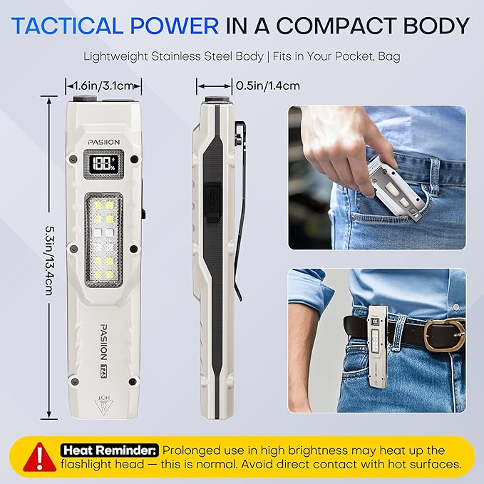 EDC Tactical Flashlight, Flat Flashlights Rechargeable,Dual-Switches LED Small Flashlight with Digital Display,Stainless Steel 8 Modes Pocket Flash Light for Home, Camping,and Emergency Use