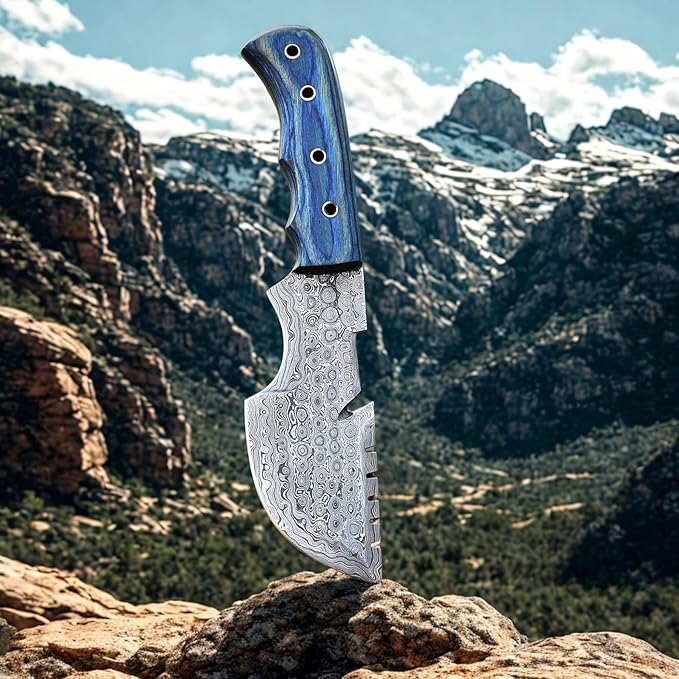 9.5" Handmade Damascus Knife with Leather Sheath | Ultimate Outdoor Ally | Damascus Steel Blade with Blue Micarta Handle | Blue Handle with Sheath Included | Unrivaled Camping Excellence