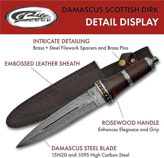 Szco Supplies 14"" Damascus Steel Scottish Style Dirk Knife with Leather Sheath, Brown, one Size (DM-1077)