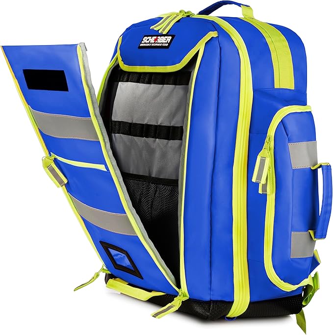 Scherber Fully-Stocked Premium First Responder Backpack | EMT/EMS Medic Trauma & Oxygen Medical Professional Kit | Bag w/ 4 Color-Coded Removable Pouches, O2 Storage, & 250+ First Aid Supplies (Blue)