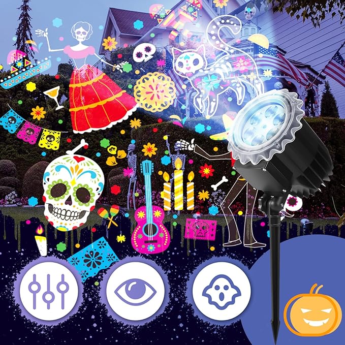 Day of The Dead Projector Lights Outdoor LED Projector Cat Skeleton on Dynamic Waterproof Outdoor Indoor Day of The Dead Projection Patterns Spotlight for Landscape Garden Yard Patio Party