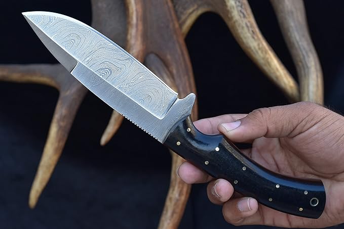 Knives Ranch Handmade 10" Camping & Bushcraft Knife - Damascus Steel - Excellent Edge Retention - Burlap Micarta Handle - Genuine Leather Sheath (2073-M)