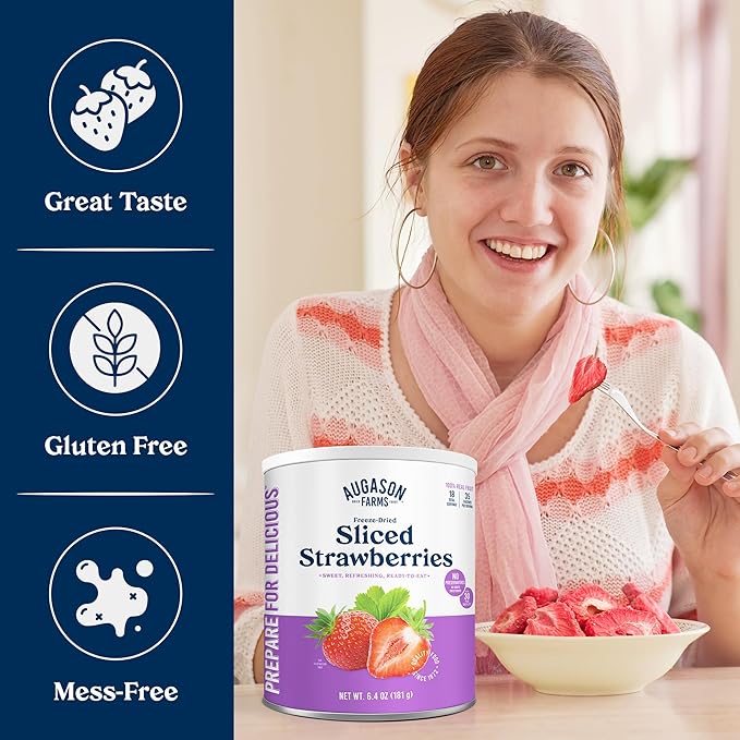 Augason Farms Freeze Dried Sliced Strawberries Can - Gluten Free Snack for Baking, Smoothies, and Emergency Storage - Healthy Individual Fruit Snacks ??6.5 Ounces (18 Servings)