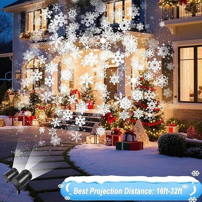Snowflake Projector Christmas Lights Outdoor, Timer Double Head Projector Snowflake Light Waterproof, LED Rotating Snowfall Lamp for Holiday Party Yard Garden Indoor Christmas Decoration