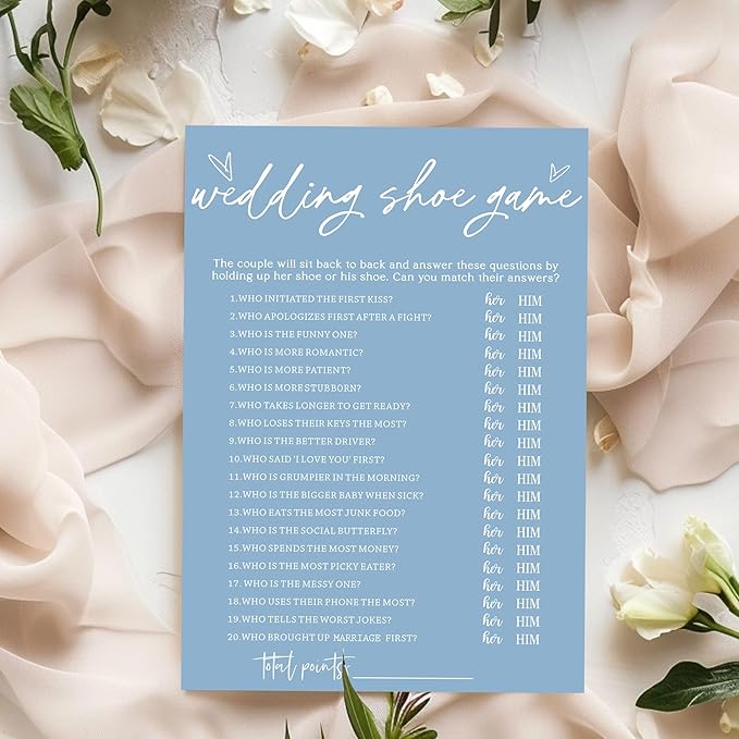 Bridal Shower Games Cards & Shoe Game - 25 Guests Engagement Party Supplies - Minimalist Blue Wedding Party Supplies - B04