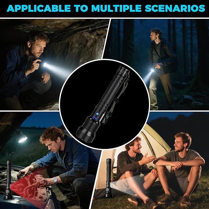 Rechargeable LED Flashlights High Lumens, Super Bright Tactical Flashlight with 7 Modes, Adjustable Focus, Powerful Handheld IPX6 Waterproof Flashlights for Home, Camping, Hiking, Emergencies