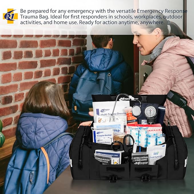 MFASCO First Aid Kit - Fully Stocked Portable Reflective Bag -First Responder Emergency Response Kit-for Natural Disaster Preparedness-Customizable Storage-Includes 415 Pcs First Aid Supplies-Black