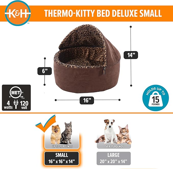 K&H Pet Products Thermo-Kitty Bed Deluxe Heated Cat Bed for Smaller Kitties - Indoor Heated Pet Bed for Dogs & Cats, Covered Cave Pet Tent, Machine Washable, Safety Listed - Small 16in Mocha/Leopard