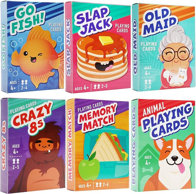 LotFancy Card Games for Kids, 6 Decks, Go Fish, Old Maid, Crazy Eights, Memory Match, Slap Jack, Animal Playing Cards, Easter Basket Stuffers, Stocking Stuffers, Birthday Gifts