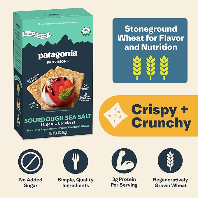 Patagonia Provisions Organic Sourdough Sea Salt Crackers – 3g Plant Protein Per Serving – Made with Wheat Flour & Sea Salt – Non-GMO, No Added Sugar - Crispy & Crunchy