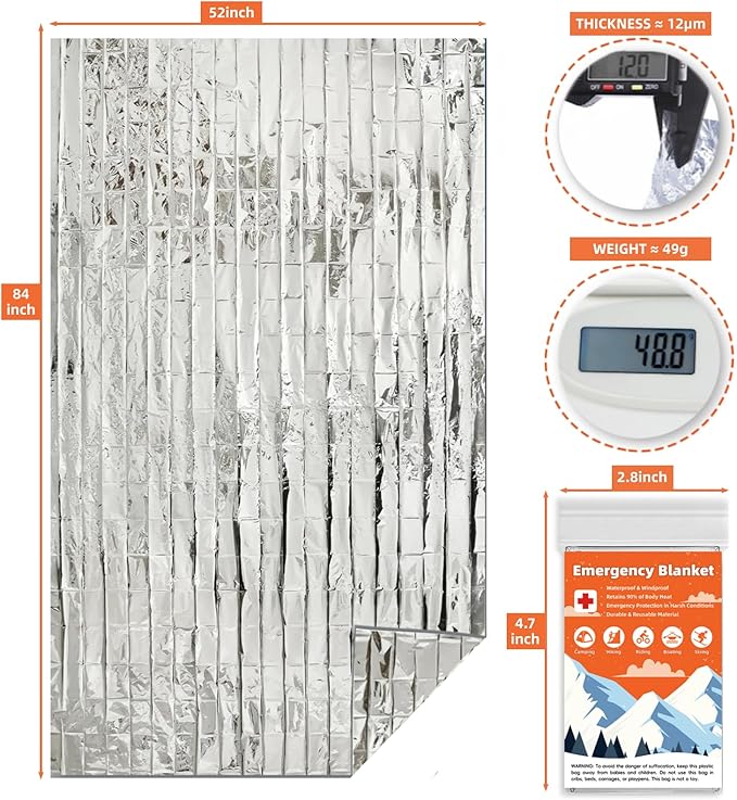 50 Pack Emergency Thermal Blanket Survival, Mylar Blankets for Outdoor, Space Blanket, Silver Foil for Survival, Survival Kit Camping Blankets, Body Warmer, First Aid, Hiking 84” x 52”