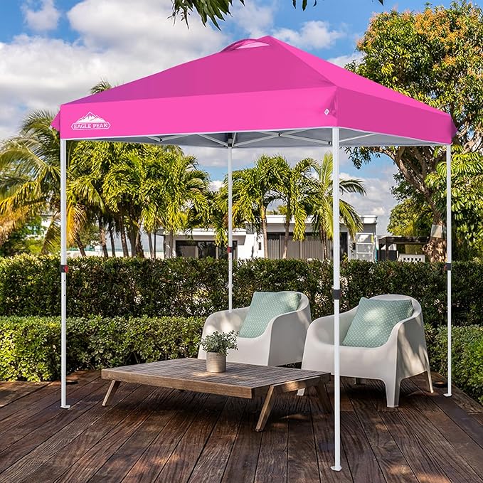 EAGLE PEAK Pop Up Canopy Tent with Wheeled Carry Bag, 8 Stakes, 4 Ropes, Easy Set Up Tent Canopy, 6.6x6.6 ft, Pink