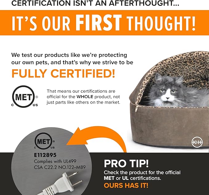 K&H Pet Products Thermo-Kitty Bed Deluxe Heated Cat Bed for Smaller Kitties - Indoor Heated Pet Bed for Dogs & Cats, Covered Cave Pet Tent, Machine Washable, Safety Listed - Small 16in Mocha/Leopard