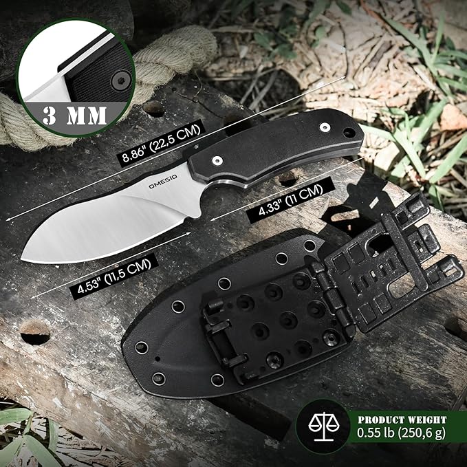 Omesio Nessmuk Hunting Knife Fixed Blade Knife with Sheath, 4.53'' Sharp Full Tang D2 Steel Ergonomic G10 Handle Camping Outdoor Knife with Kydex Sheath