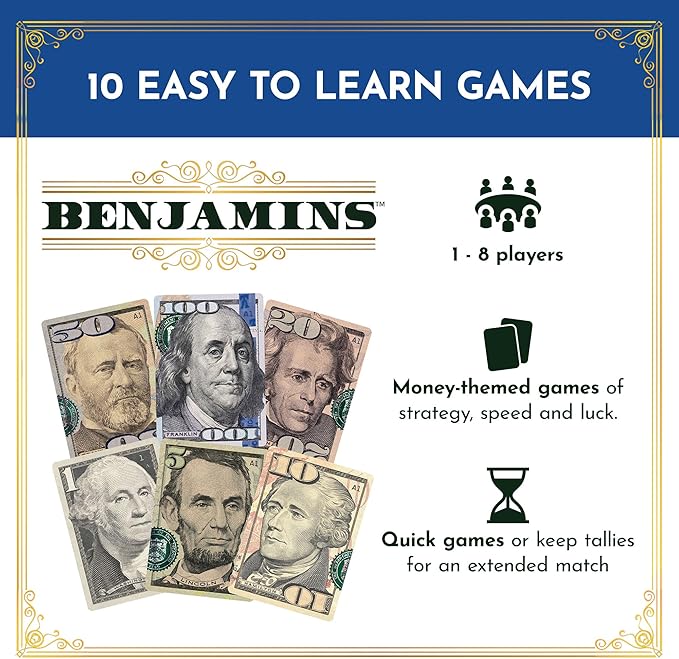 Benjamins Cash Cards ??Money-Themed Card Games for Adults, Teens & Families, Fast-Paced Strategy Card Games for Parties, Entertaining & Fun Games for Family Night. Play with Money.