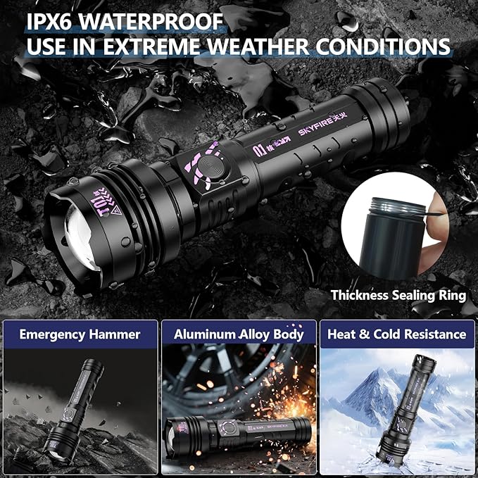 SKYFIRE Rechargeable Flashlights High Lumens: LED Super Bright Flashlight Zoomable with 5 Modes IPX6 Waterproof Handheld Powerful Flash Light for Camping,Emergenciesr,Home&Gifts(with Ignition Lens)