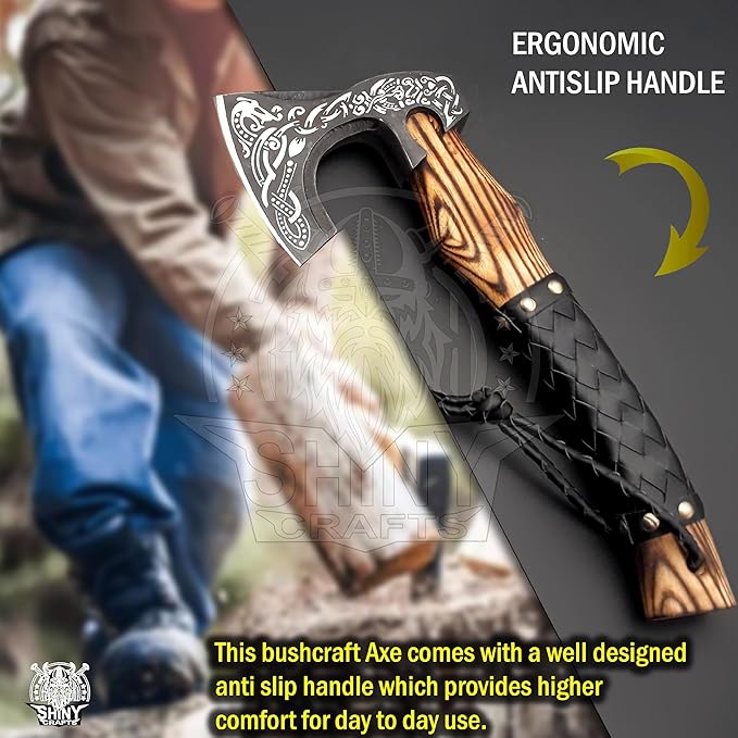 SHINY CRAFTS®- Hand-Forged Viking Axe for Men Leather-Wrapped Handle & Sheath Great for Birthdays, Holidays, or Weddings (SCA-19)