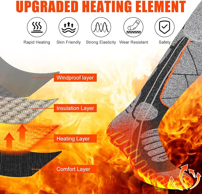 Heated Socks, 5V 6000mAh Rechargeable Heated Socks for Men & Women, Electric Socks with 3 Heating Levels for Winter, Skiing, Hunting, Camping, Hiking, Cycling, Outdoor Work