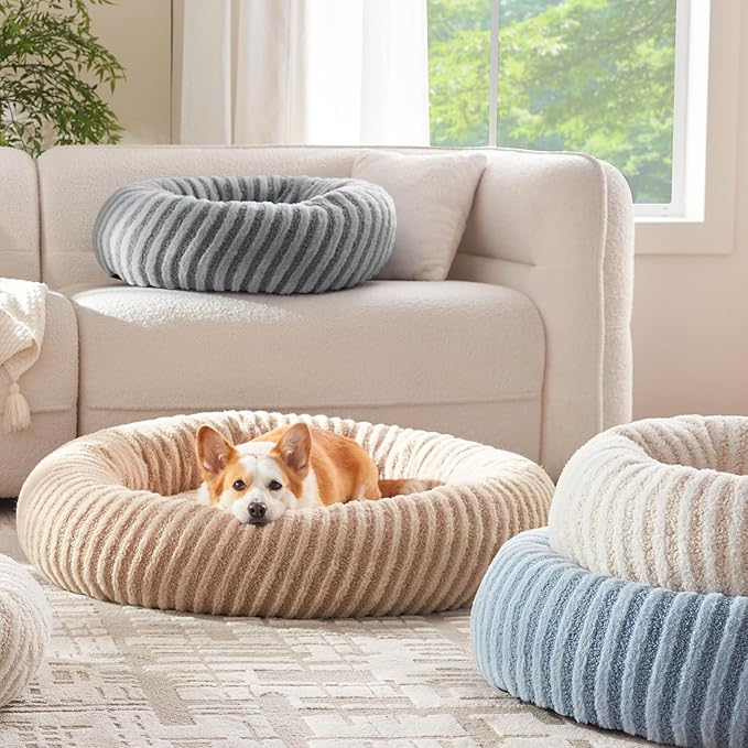 MIXJOY Calming Dog Beds Large Sized Dogs - Washable Donut Large Dog Bed with Removable Zipper Cover, Round Fluffy Plush Faux Fur Pet Bed with Anti-Slip Bottom, 36"x36"x10", Blue