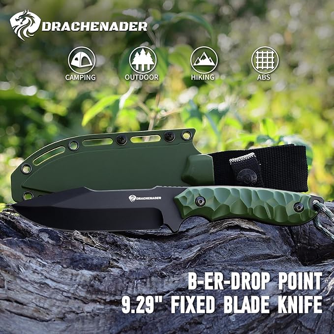 Fixed Blade Knife with Sheath, Tactical Knife for Men, Survival Knife with ABS Handle, Full Tang Design (Green-Black)
