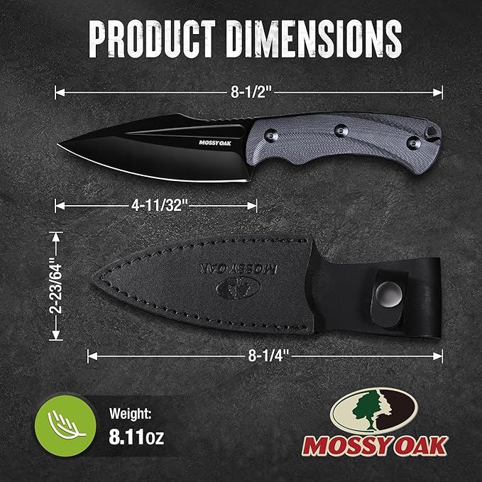 MOSSY OAK Hunting Knife with Sheath, 8.5-inch Full-tang Fixed Blade Knife, Outdoor Knives for Survival, Camping, Hiking (G10 Handle-Dark Grey)