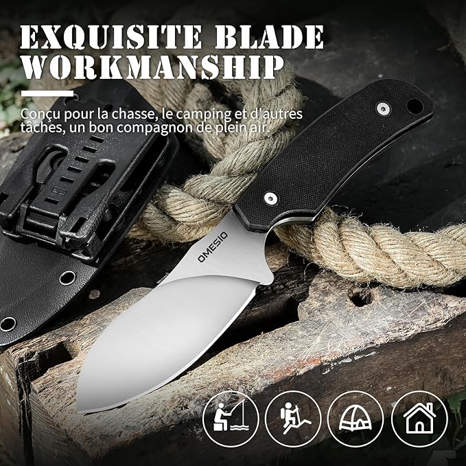 Omesio Nessmuk Hunting Knife Fixed Blade Knife with Sheath, 4.53'' Sharp Full Tang D2 Steel Ergonomic G10 Handle Camping Outdoor Knife with Kydex Sheath