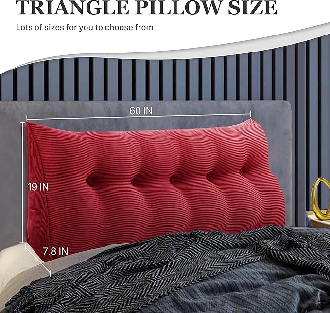 14 lbs Thickened Wedge Pillow Headboard Body Positioner Triangular Reading Pillow Bed Bolster Pillow for Sitting in Bedwith Removable Cover Gift for Dad Backrest Cordury Red Queen