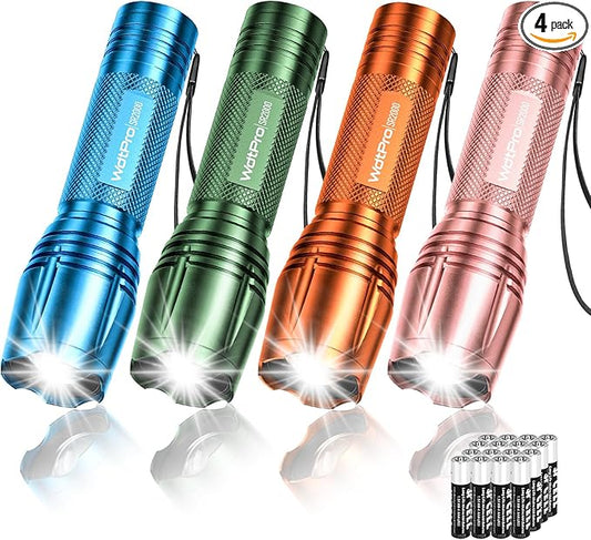 WdtPro LED Flashlight High Lumens SR2000 Pro, 4 Pack Brighter Tactical Flashlights with 5 Modes & Zoomable, Powerful Mini Flash Light for Emergency, Camping, Hiking (Colorful)