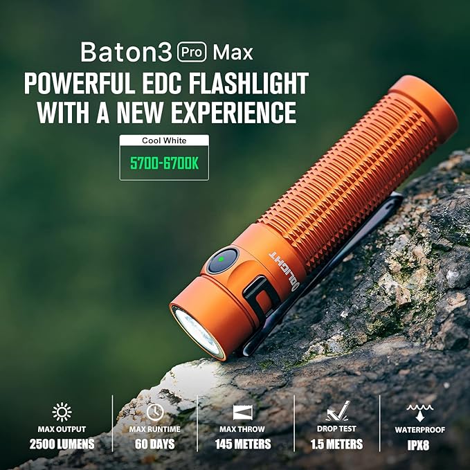OLIGHT Baton3 Pro Max Flashlight, Rechargeable Compact EDC with Safety Proximity Sensor, 2500 LED High Lumens, Suitable for Camping, Hiking, Emergency (Orange Cool White)