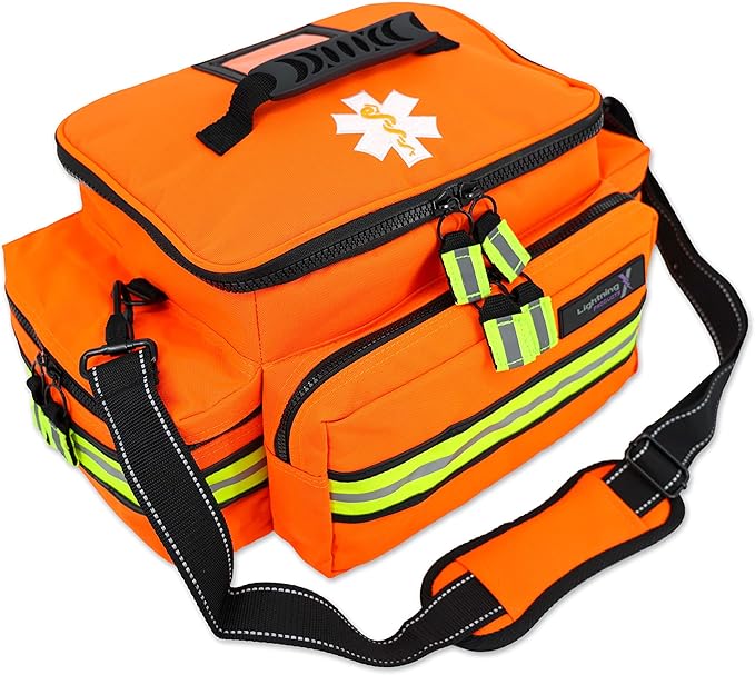 Lightning X Mid-Sized First Responder EMT Bag | LXMB25 | Fully Stocked w/ 240+ First Aid, EMS & Trauma Supplies - ORANGE
