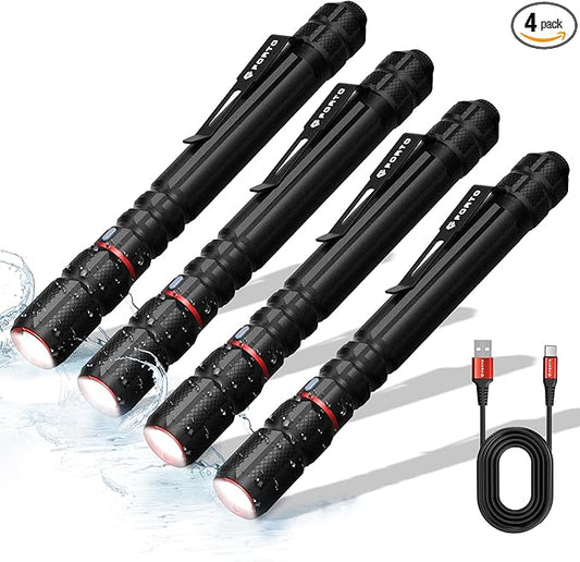 FORTO Rechargeable Pen Light Flashlight, 400 Lumens Small Pocket Flashlight with Clip, IP67 Waterproof, 2 Light Modes, 3-Color Battery Indicator, Type-C Charging, for Inspection,Emergency(4 Pack)