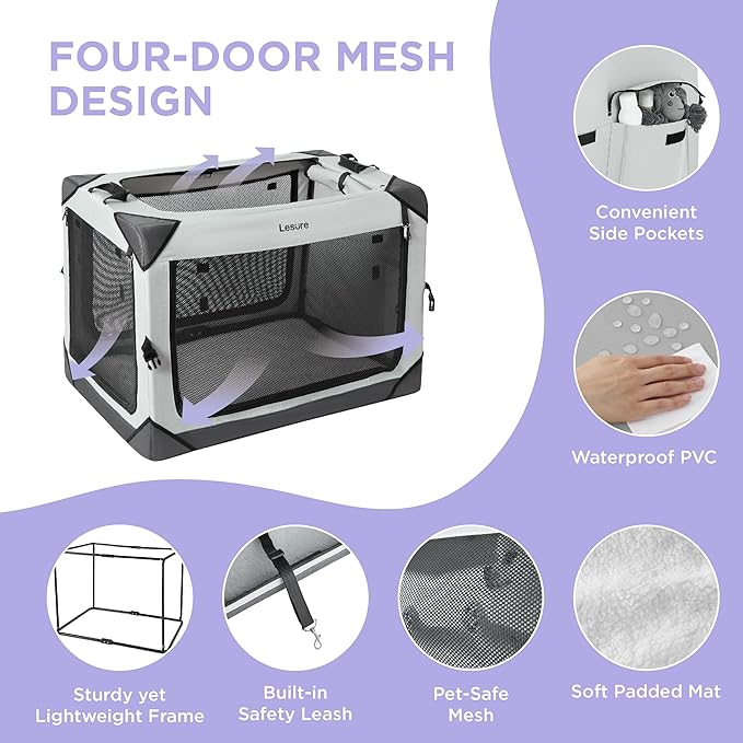 Lesure Collapsible Dog Crate - Portable Travel Kennel for Medium Dog, 4-Door Pet Crate with Mesh Windows, Indoor & Outdoor, Light Gray
