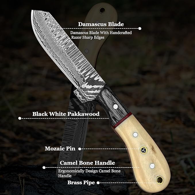 Cowboy Knives with Leather Sheath - 8??Sharp Handmade Damascus Bull Cutter Knife - EDC Fixed Blade Hunting Knife for Skinning, Camping, Bushcrafting and Outdoor Activities, white
