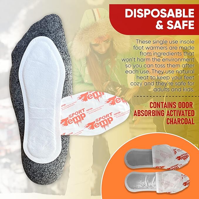 Insole Foot Warmers - Up to 10 Hours of Heat, Easily Apply with Adhesive - Ultra Thin, Easy, All Natural - Air Activated, Odorless Hot Insole Warmers - Sport Temp
